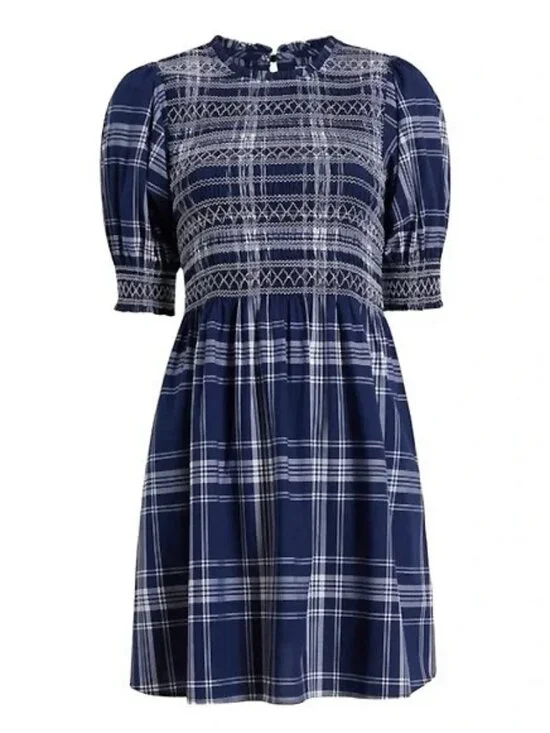 New Hill House Vivi 100% Cotton Plaid Mini Nap Dress Blue White XXS - Picture 1 of 9